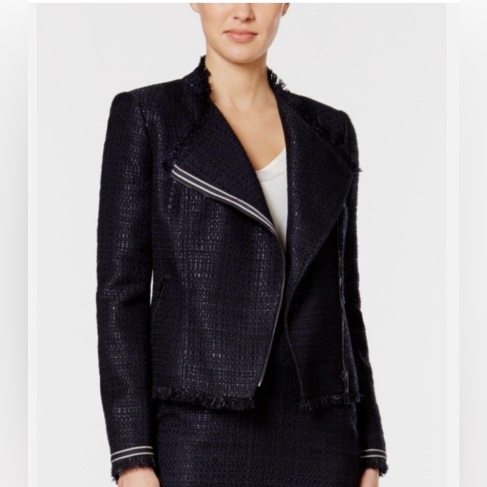Tommy Hilfiger blazer size 10‎ navy blue fringe zip front moto jacket blazer